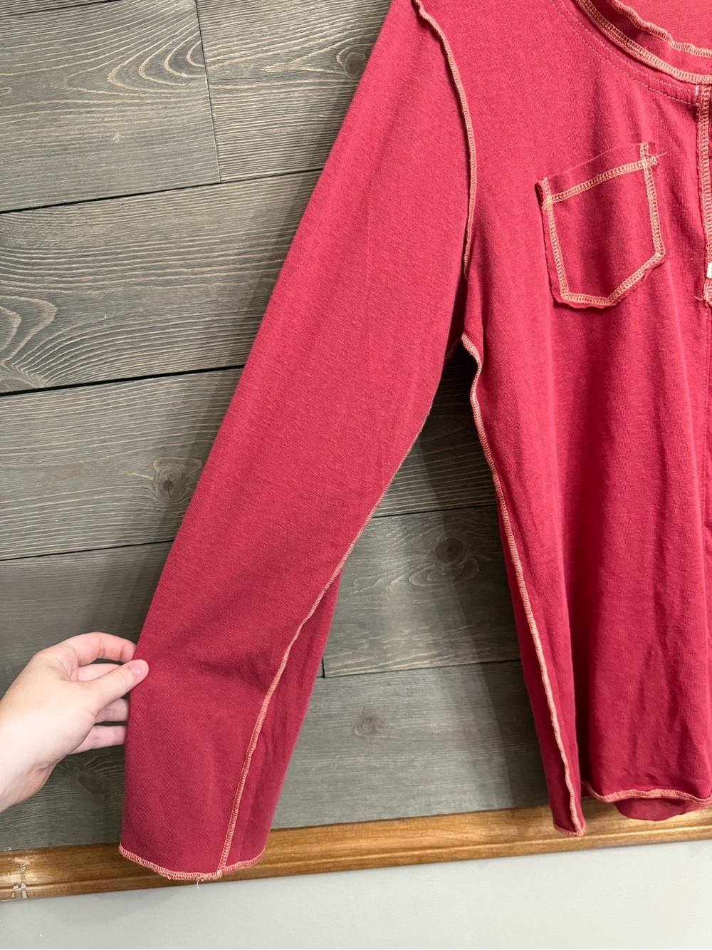 POL Long-Sleeve Henley Top in Deep Raspberry with Contrast Stitching - Picture 3 of 5